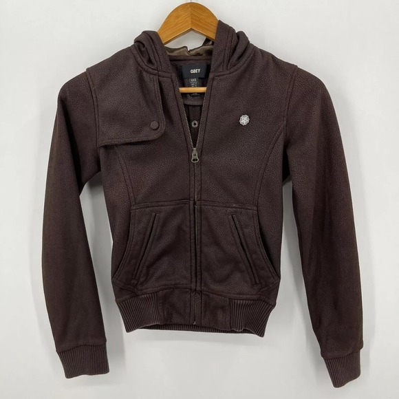 Obey Tops - Obey Full Zip Hoodie Women's Size 2XS Brown Pockets Logo Faux Leather‎ Skate